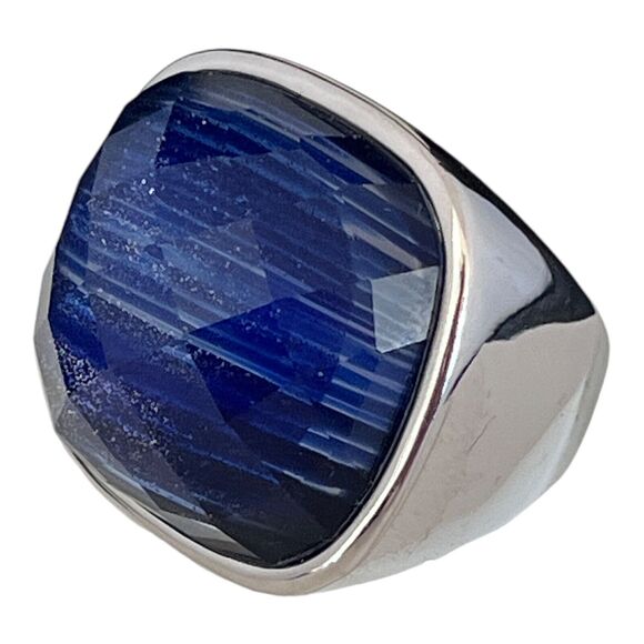 Huge Cocktail Ring Sz 8.5 Blue With Gold Flecks Silver Tone HSN 9J - Picture 3 of 7